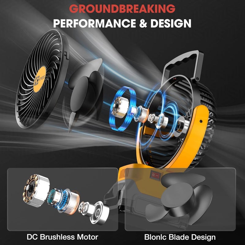 ohyes Cordless 5IN Jobsite Fan Fit For DeWALT 20V Max Battery Brushless Motor Variable Speed USB Fast Charging For Camping and Workshop(Battery not included) - Image 5